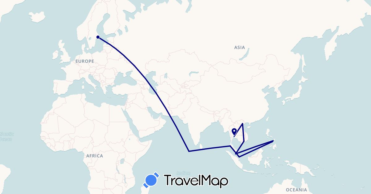 TravelMap itinerary: driving in Maldives, Malaysia, Philippines, Sweden, Singapore, Thailand, Vietnam (Asia, Europe)